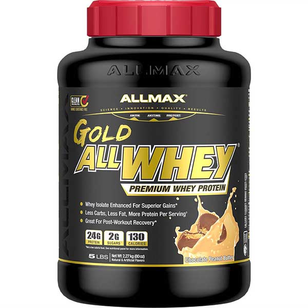AllWhey Gold by ALLMAX Nutrition in Chocolate Peanut Butter Flavor and 5lb Size.