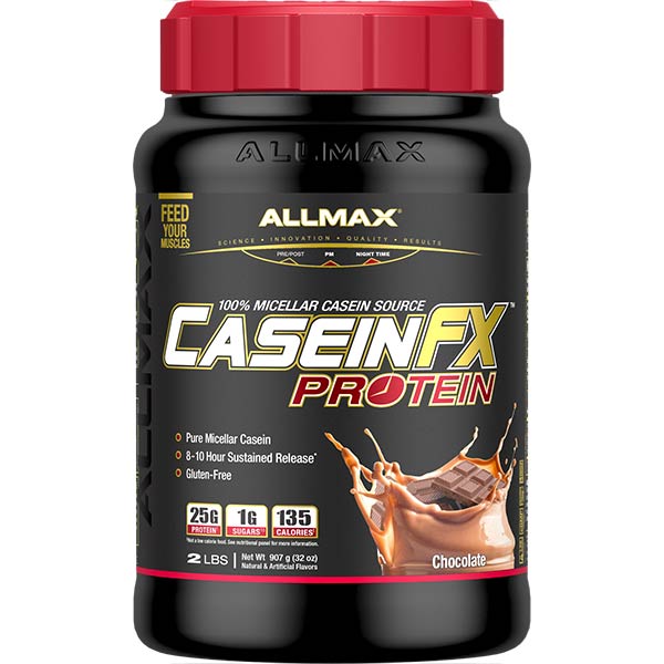 CaseinFX by ALLMAX Nutrition in Chocolate Flavor and 2lb Size.