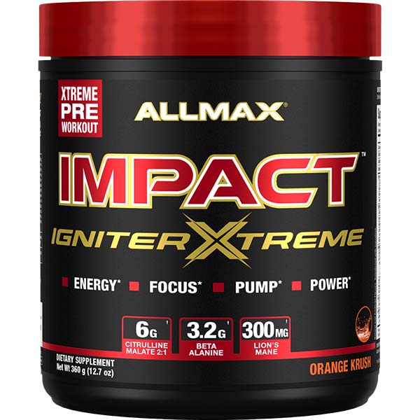 Impact Igniter Xtreme 20 Serv by ALLMAX Nutrition in Orange Krush Flavor and 360g Size.