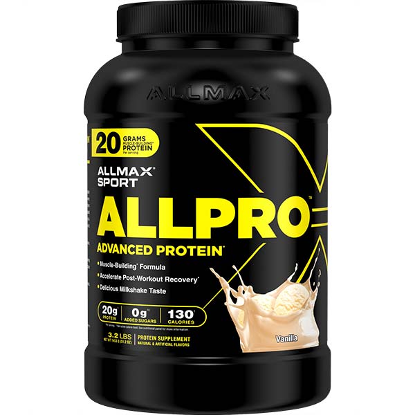 ALLPRO Advanced Protein by ALLMAX Nutrition in Vanilla Flavour and 3.2lb Size.