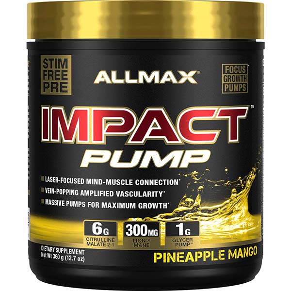 Impact Pump 30 Serv by ALLMAX Nutrition in Pineapple Mango Flavor and 360g Size.