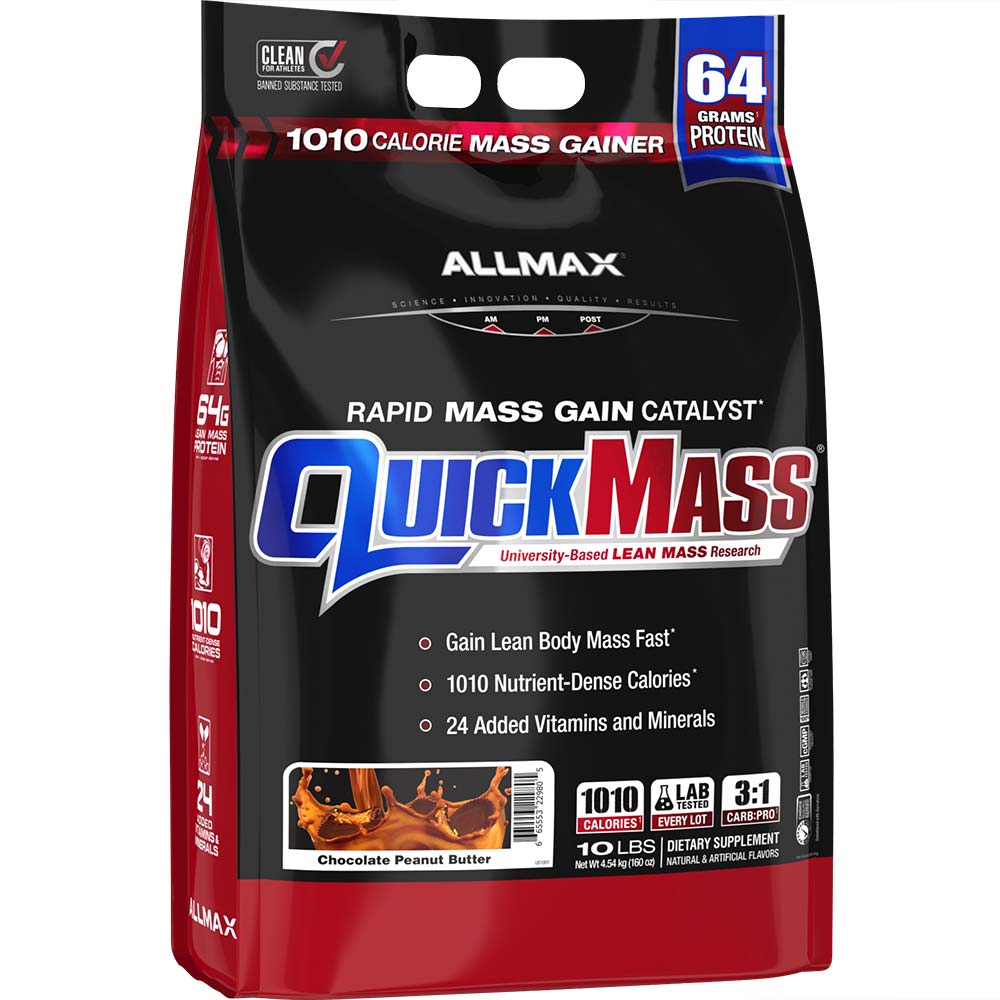 Quickmass by ALLMAX Nutrition in Chocolate Peanut Butter Flavor and 10lb Size.