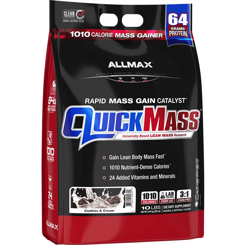Quickmass by ALLMAX Nutrition in Cookies N Cream Flavor and 10lb Size.