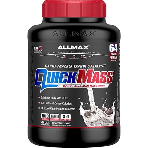 Quickmass by ALLMAX Nutrition in Cookies N Cream Flavor and 6lb Size.