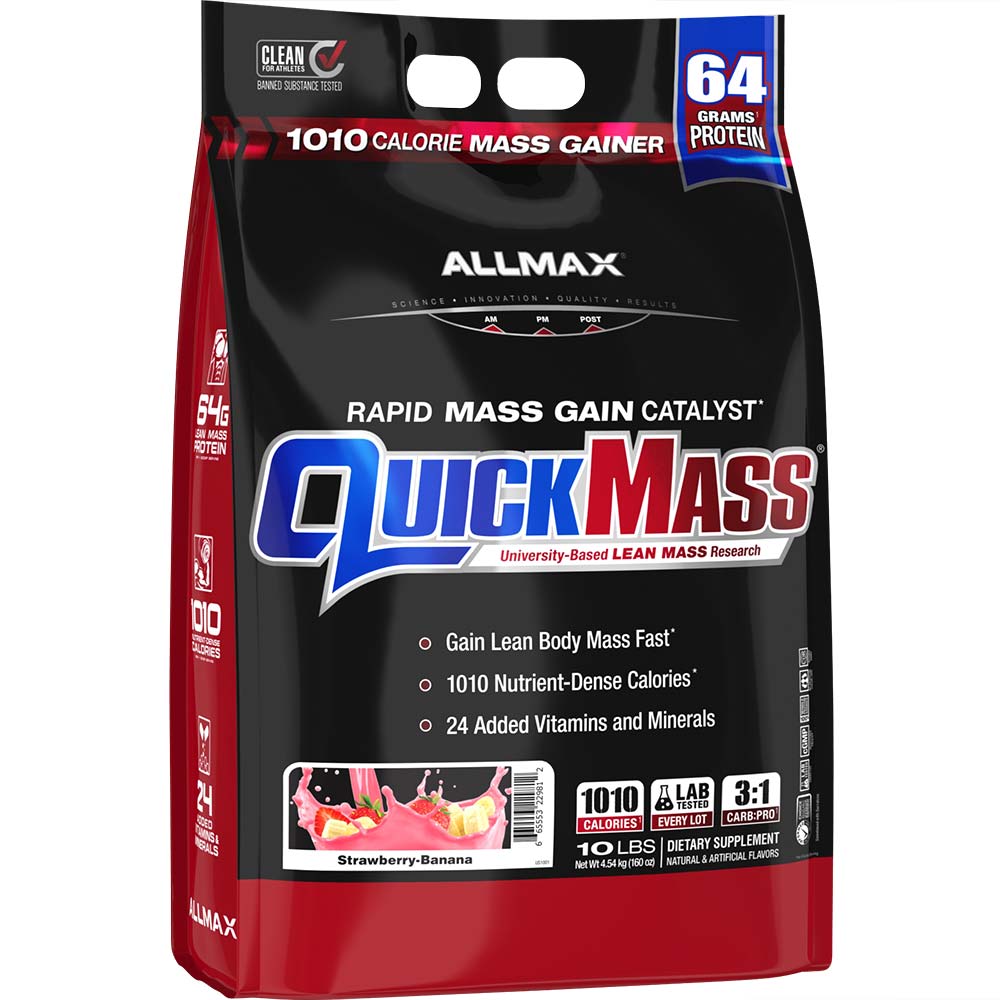 Quickmass by ALLMAX Nutrition in Strawberry Banana Flavor and 10lb Size. 