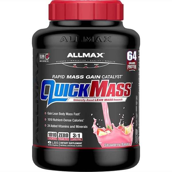 Quickmass by ALLMAX Nutrition in Strawberry Flavor and 6lb Size.